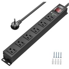 6 Outlet Heavy Duty Power Strip with Switch, 15A/1875W Metal 1PK Black