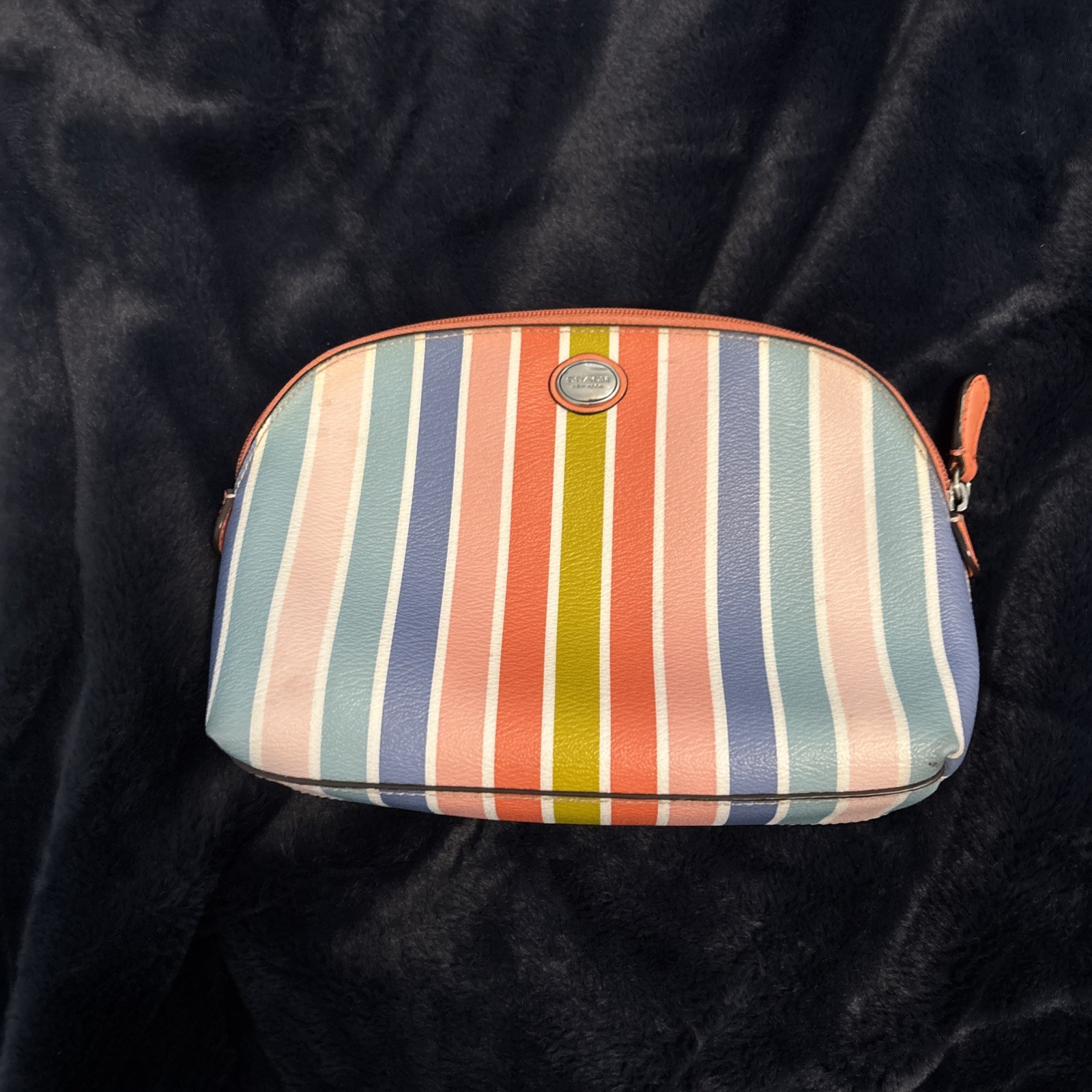 Coach Peyton Stripe Cosmetic Case Vibrant Multicolor Coated Canvas Leather Trim