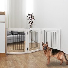 Freestanding Foldable Dog Gate for House Extra Wide Wooden White Indoor Puppy...