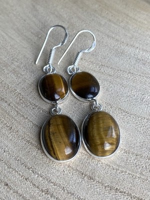 Tigerauge Ohrhänger Sterling Silber 925 vergoldet Natur Edelstein Hänger