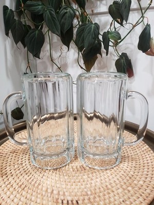 2 Vintage Thick Heavy Clear Glass Beer/Root Beer Mug with Handle Libby Barware 