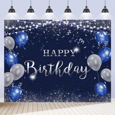 Happy Birthday Backdrop 10x8ft for Men Boys Navy Blue and Silver Happy Birthd...
