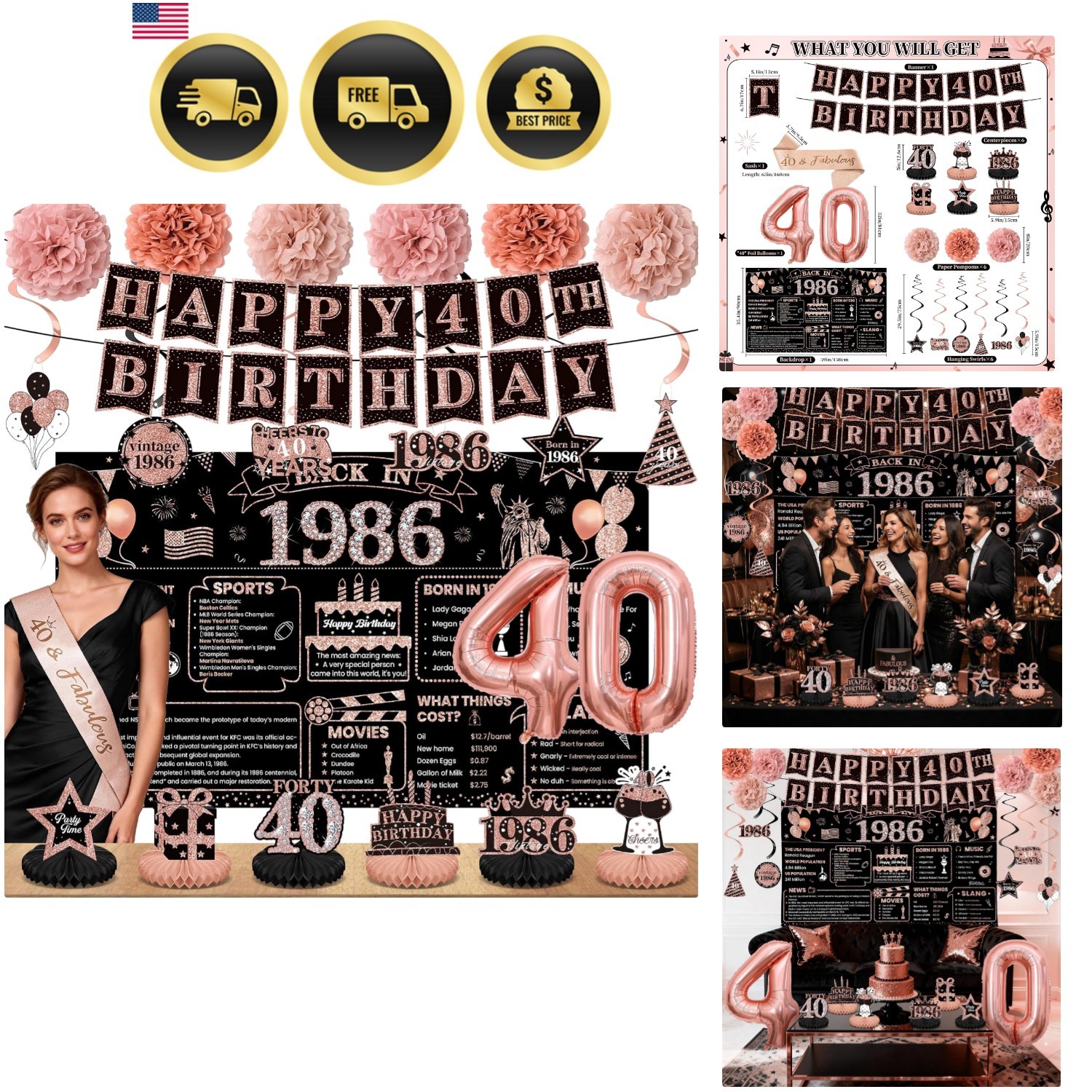 40th Birthday Decorations for Women, Rose Gold 1986 Happy 40th Birthday Decor...