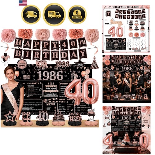 40th Birthday Decorations for Women, Rose Gold 1986 Happy 40th Birthday Decor...