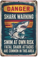 Shark Pool Humor Metal Signs Home Décor Coastal Wall Art for Backyard, Cabana & 