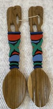 Vintage Hand Carved Wooden Salad Servers Elephant Handles