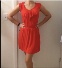 EUC Women’s Guess Mini Summer Dress Size XS Solid Orange Ruffles KeyHole Opening