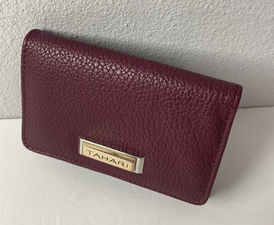 Tahari women trifold burgundy pebbled leather wallet