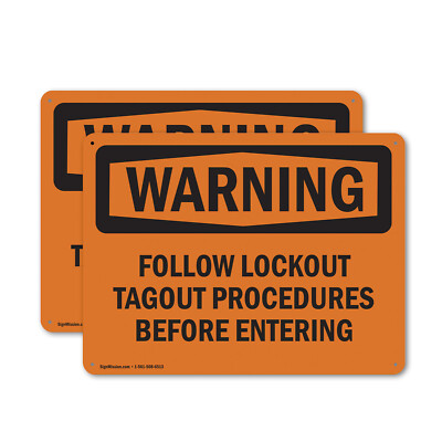(2 Pack) Follow Lockout Tagout Procedures OSHA Warning Sign Decal Metal Plastic