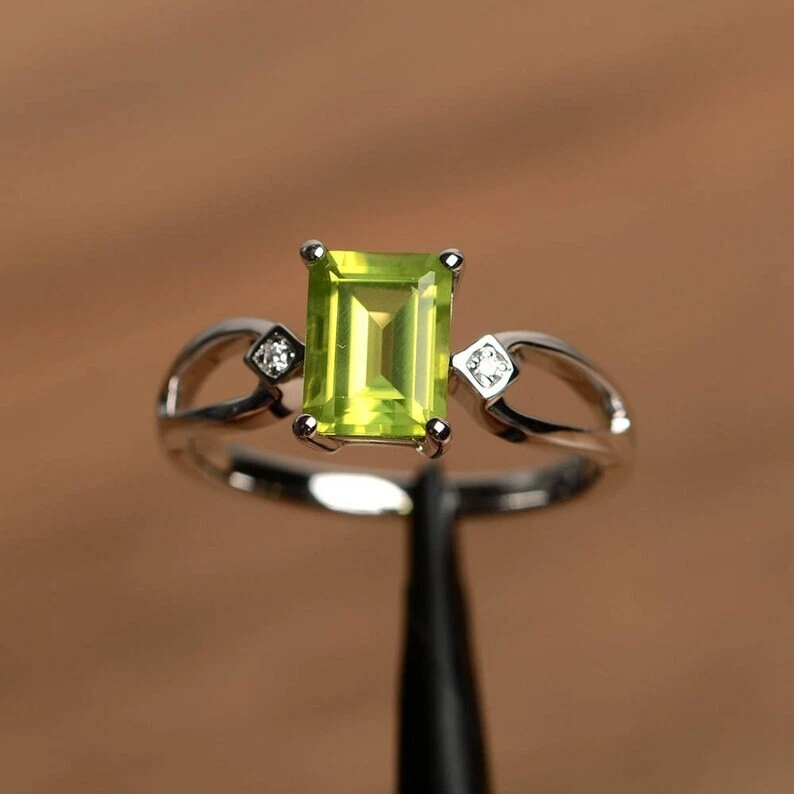 Handmade natural peridot ring 14K Solid White Gold Jewelry promise ring For Gift - Image 2 of 4