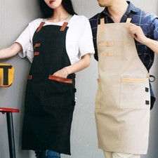 Denim Leather Strap Bib Apron Barista Baker Bartender BBQ Chef Work Uniform Cook