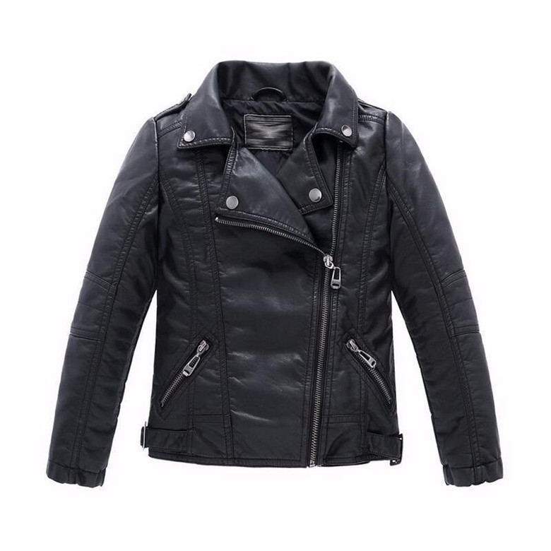 Boys Leather Jacket Casual Black Solid Children Outerwear Spring