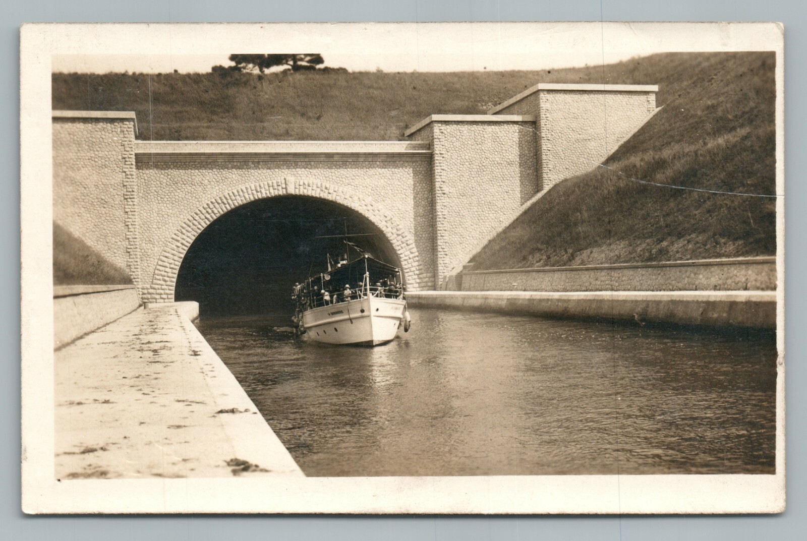 Steam Boat Ferry on New Stone Canal French Antique RPPC Photo 1910s-image