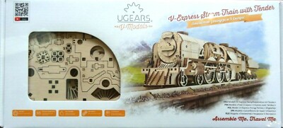 UGEARS V-Express 502201 Steam Train + Tender Wooden 3D Mechanical Model Kit