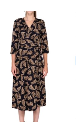 Vicky and Lucas Leaf Pattern 3/4 Sleeve Wrap Dress black and cream maxi dress L