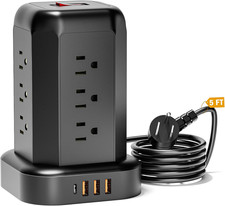 Flat Plug Power Strip Surge Protector - 5 FT Electric Extension Cord Black Tower