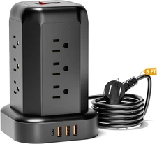 Flat Plug Power Strip Surge Protector - 5 FT Electric Extension Cord Black Tower