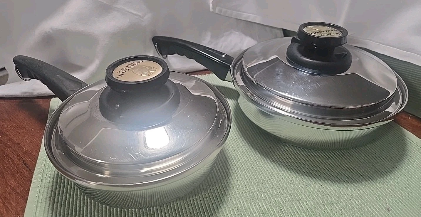 2 Vtg Kitchen Craft By West Bend 1qt & Skillet Pots Pans 4 Pcs with Vent Lid