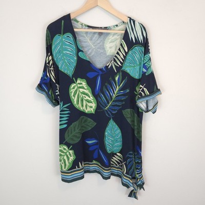 Ulla Popken Women's Leaf Print Top V-Neck Tie Hem Short Sleeves Size 16/18