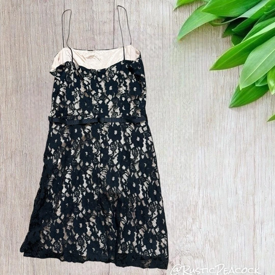 VTG Laundry by Shelli Segal Dress Womens M Black Tan Floral Lace Overlay Evening - Image 2 of 4