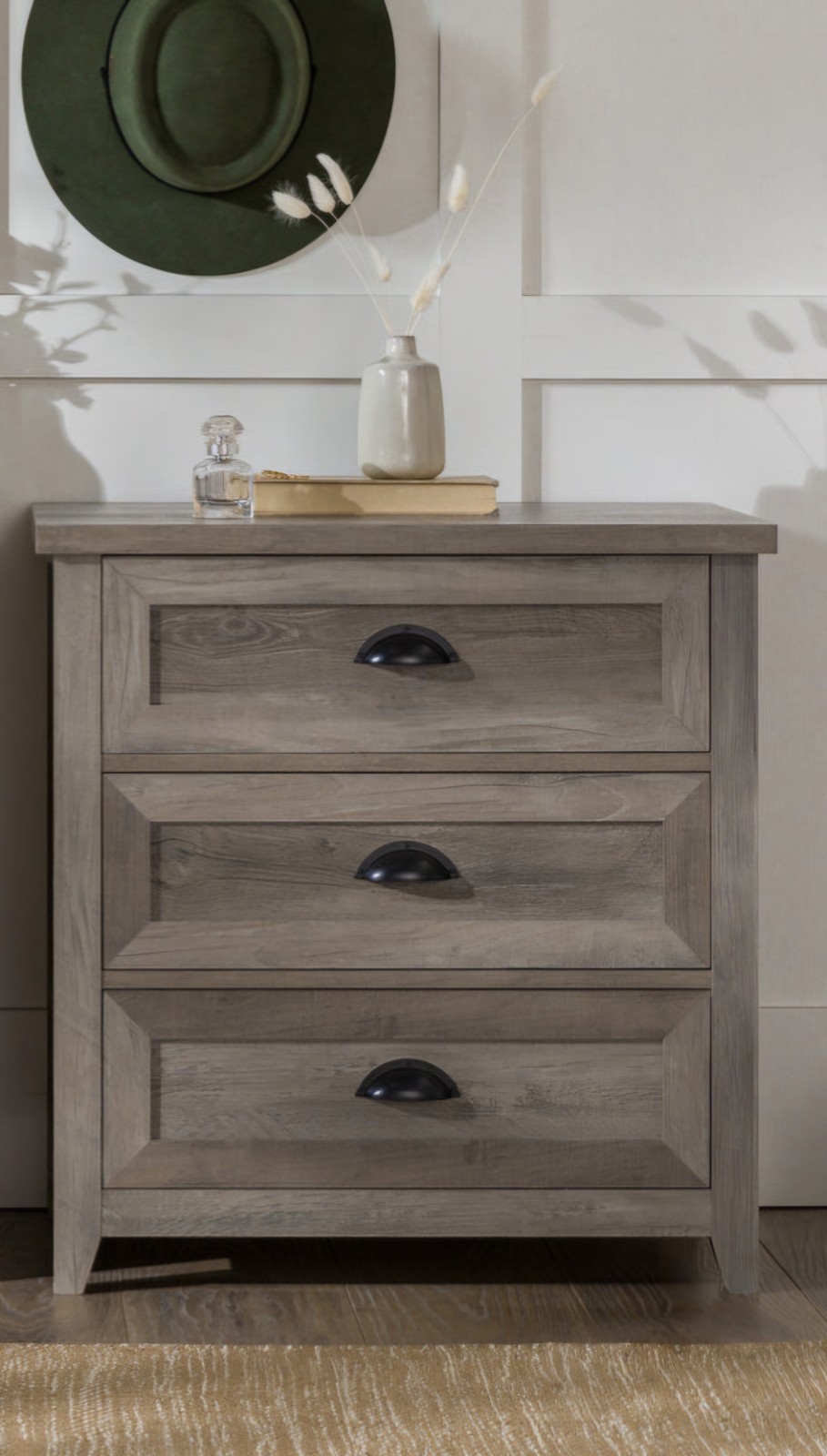 Gray Wood Transitional Farmhouse Nightstand w/ Storage 3-Drawer Cup Handles