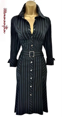 Karen Millen Size UK 10 VINTAGE PINSTRIPE BELTED COTTON MIDI SHIRT DRESS BLACK - Image 1 of 4