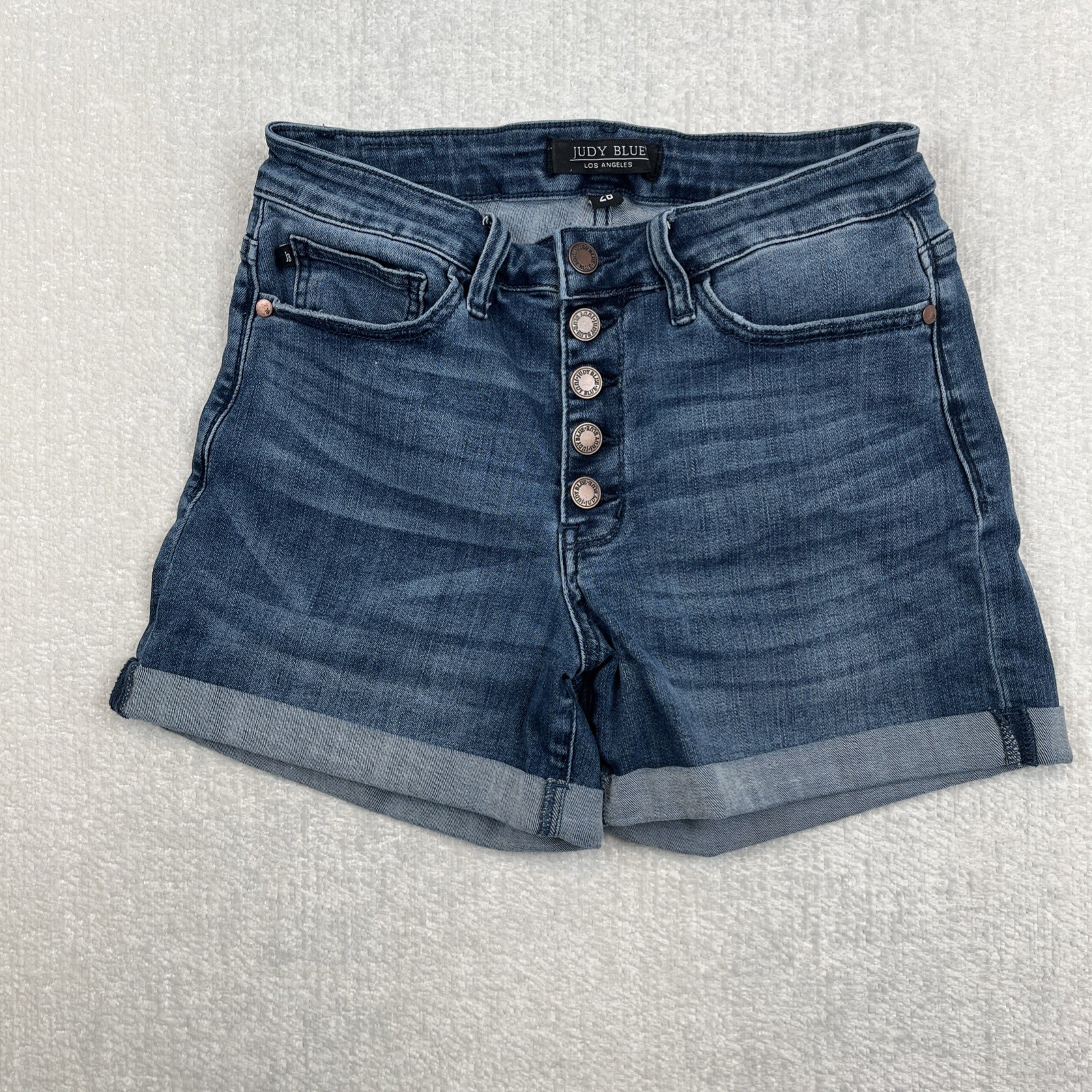 Judy Blue Mid-Rise Button Fly Jean Shorts Women's 28 (28x4) Dark Cuffed Stretch