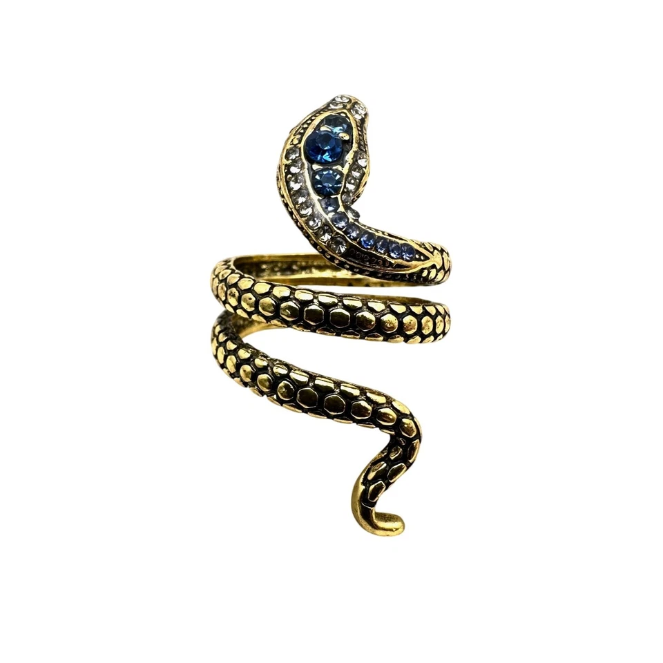 Womens Snake Ring Blue Rhinestone Antiqued Gold Tone Adjustable Vintage Style - Image 3 of 4
