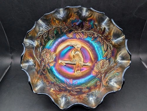 🔥 ANTIQUE AUSTRALIAN KOOKABURRA VARIANT CARNIVAL GLASS RUFFLED BOWL PURPLE RARE