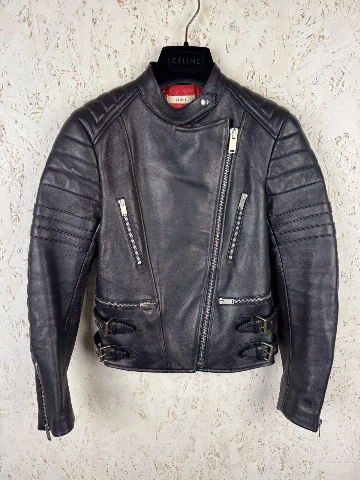 Celine — Celine Phoebe Philo Sheepskin Leather Biker Jacket Dark Navy