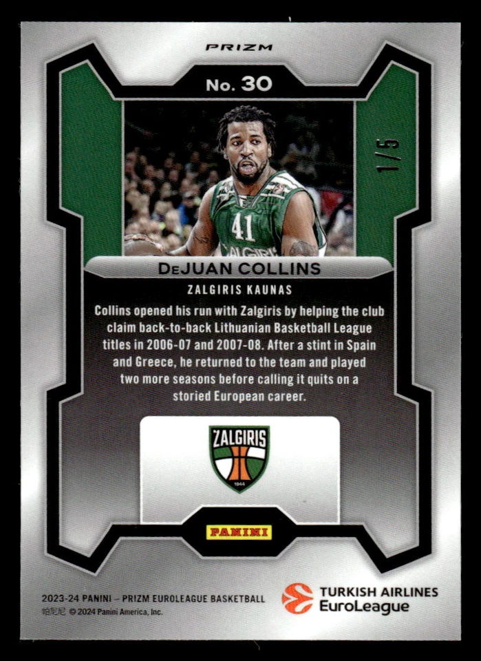 DeJuan Collins 2023-24 Panini Prizm EuroLeague #30 Black Gold #1/5 - Image 2 of 2