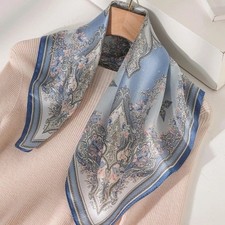 100 Silk 21" Square Scarf Women Neckerchief Wrap Kerchief Bandana Blue Flowers