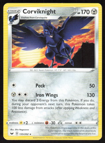 Pokemon Corviknight Rare 135/202 SWSH01: Sword & Shield Base Set LP