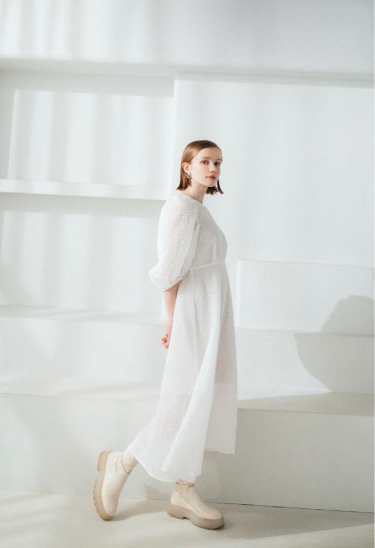 Lilu Ambition Popcorn Check Onepiece White M Balloon Sleeve