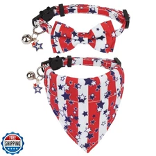 PTDECOR American Flag Cat Collar Breakaway with Cute Bow Tie Bell