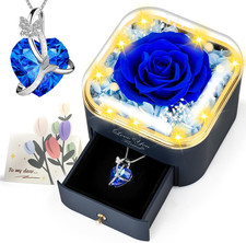Preserved Blue Real Rose with Necklace Jewelry Box -Eternal Flowers Rose Gifts f
