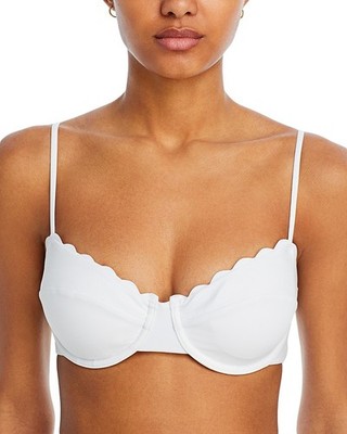 Ramy Brook X6211 Leyla Underwire Scalloped Bustier Bikini Swim Top, White,  XS