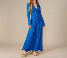 NWOT Farm Rio V Neckline Ruched Blue Maxi Dress Long Sleeves Size S