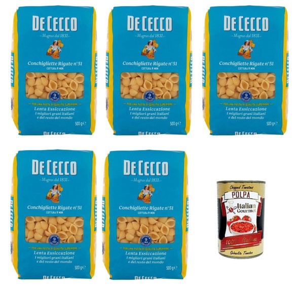 De Cecco Conchigliette Rigate N.51, Pasta Nudeln 5X500G+Polpa 400G-image