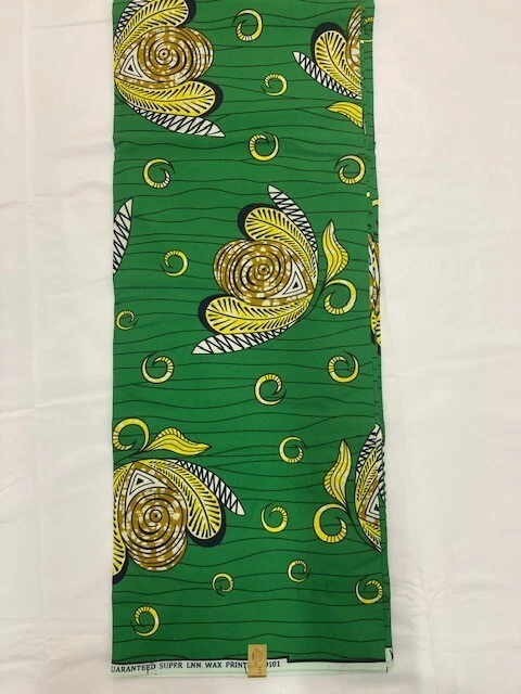 African Fabric Print 6 Yards Poly-cotton Ankara Green and Yellow Butterfly - Image 3 of 4