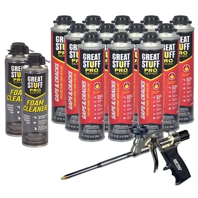 DOW Great Stuff PRO Gaps and Cracks, 24oz, Case of 12, Foam Gun, 2 Cans Cleaner