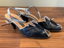 MAUD FRIZON Italy 80s Womens Black Leather Silver Trim Heels Shoes SIZE 35.5