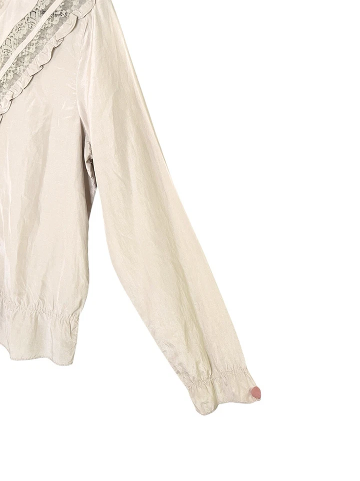 Top Campesino Vintage Azul Marino Antiguo Mujer L Beige Encaje Boho Volantes Cottagecore Mezcla de Seda Foto 4 de 4
