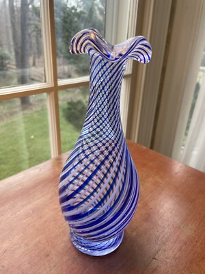 Blue and White  Mezza-Filigrana Art Glass Vase 9 1/8 