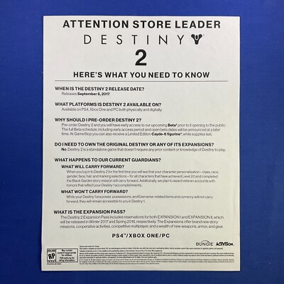 Destiny 2 Bungie Pre-Release Sales Sheet 8.5''x11'' Activision Video Game Promo