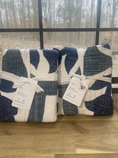 2 Pottery Barn Mahalo Cotton Floral  Appliqué Quilted Blue Euro Shams New