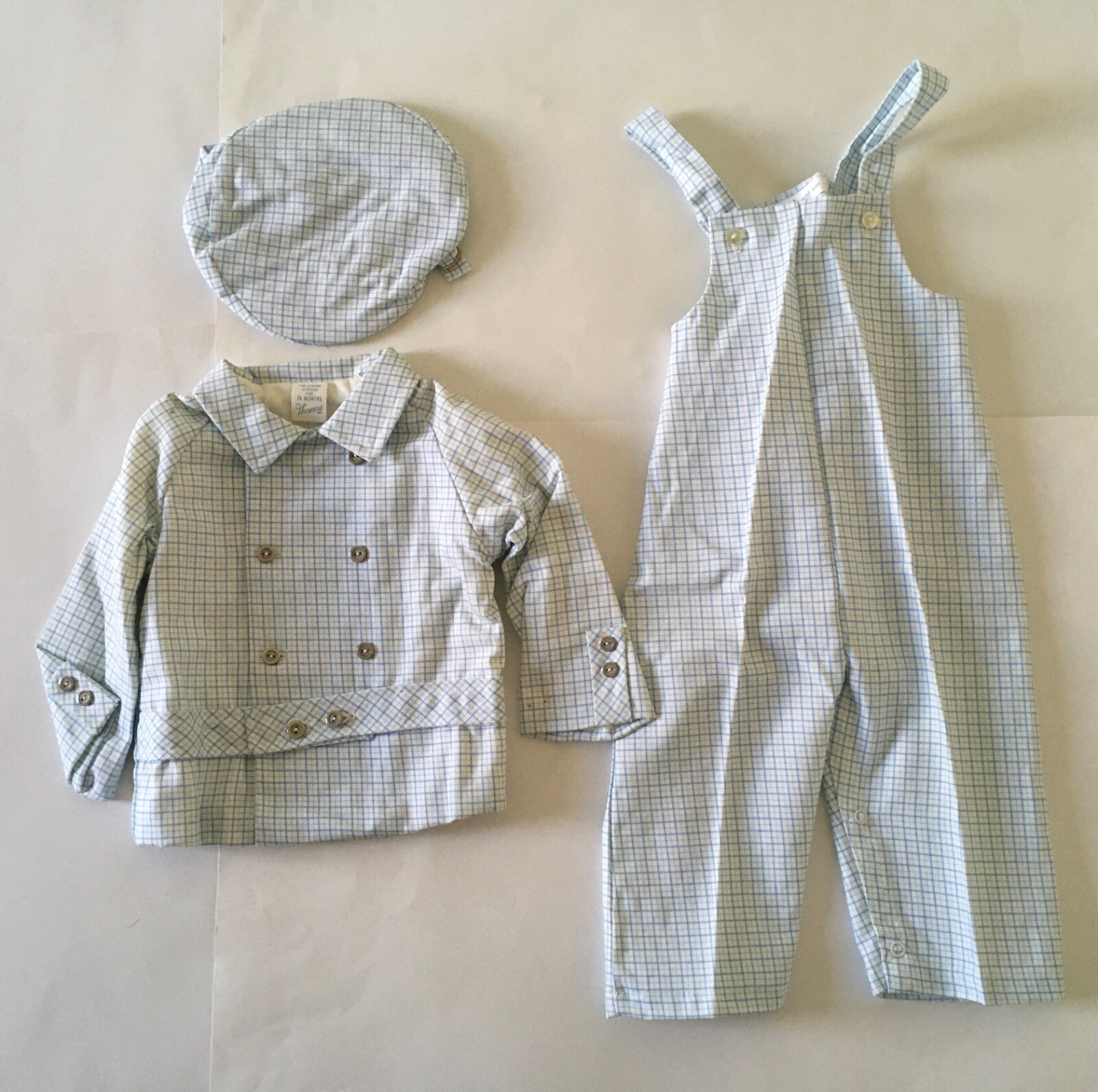 NEW VTG Thomas Brand Baby 24 Months Overalls Outfit 3 Piece Blue Gingham RARE
