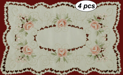 4PCS Spring Embroidered Pink Rose Daisy Floral Placemats 11x17'' 3868 Doily Beige