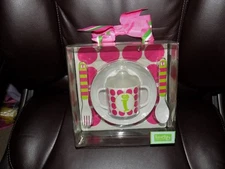 MudPie Initial "I" Feeding Set Pink  & Green 5-Pc Sippy Cup Bowl Spoon Fork NEW