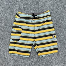 Volcom Boys Board Shorts 27 Yellow Blue Black Pocket Logo Surf Mod Tech Cinch